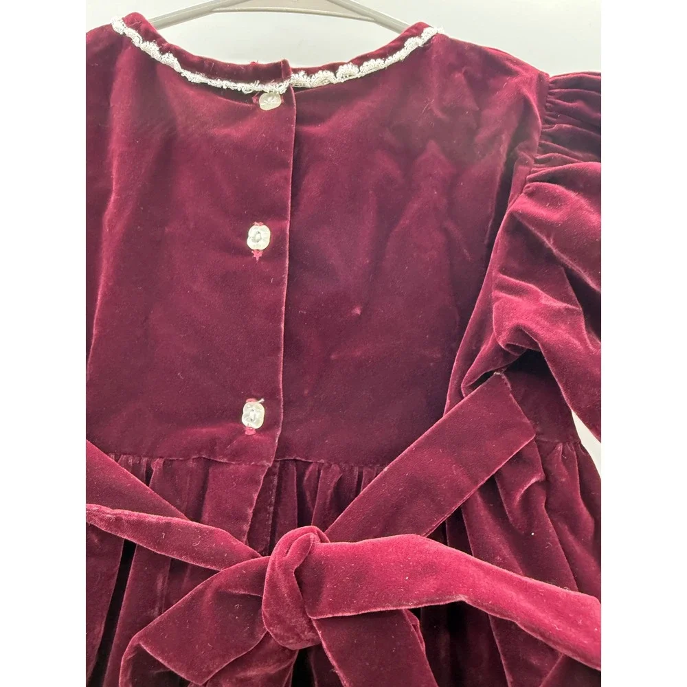 Vintage OshKosh Velvet Dress Girls 6X Burgundy Puff Sleeve Lace Rose Holiday‎